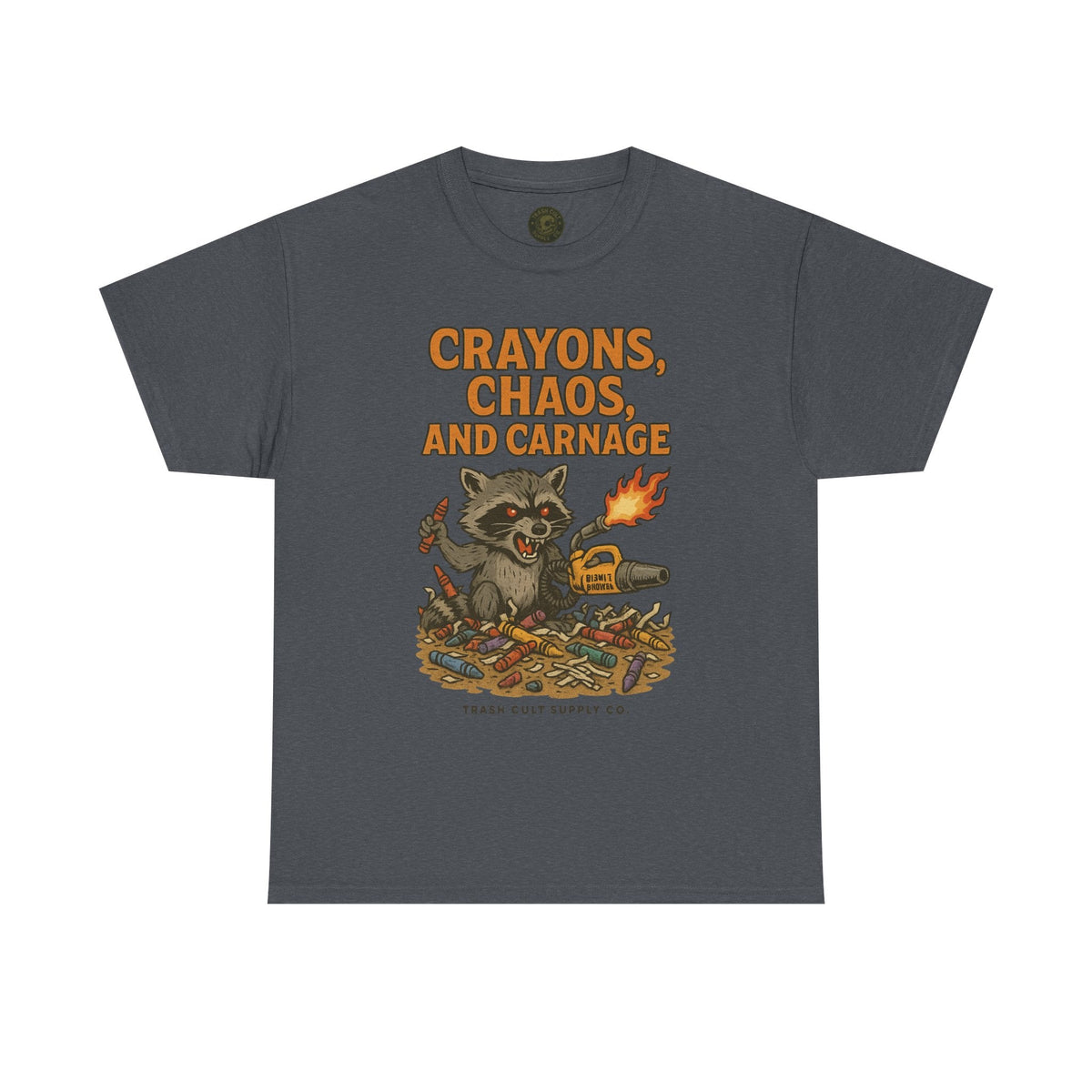 Crayons, Chaos, and Carnage T-Shirt – Dark Humor Raccoon Graphic | Trash Cult Supply Co. | Gildan 5000 Tee
