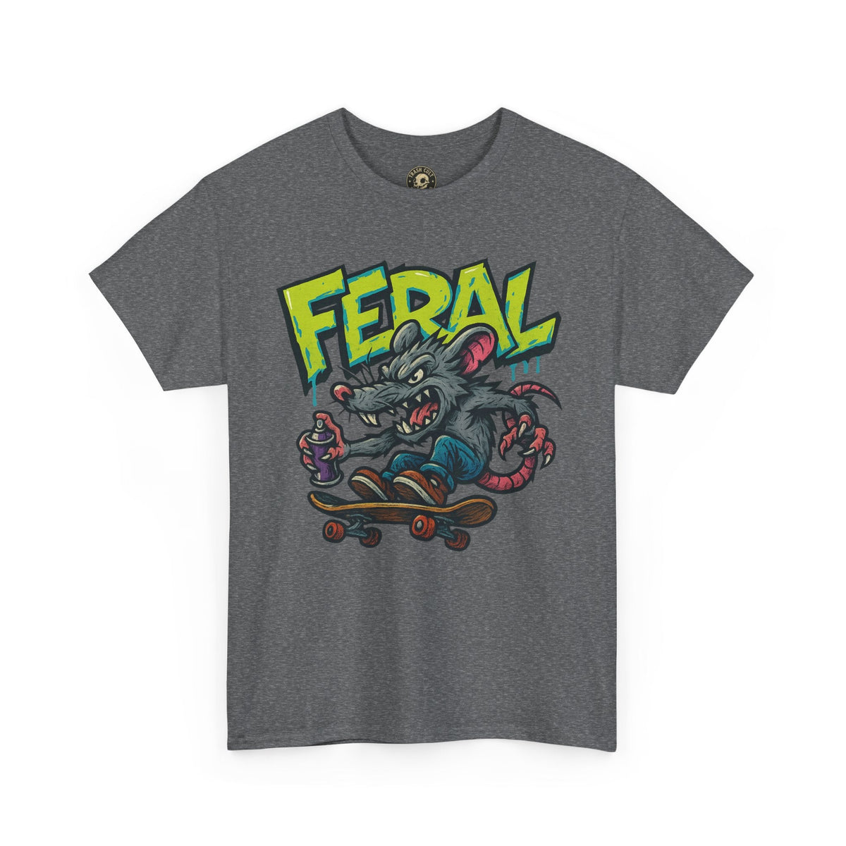 FERAL Graffiti Rat Skate Tee – Street Art Spray Can Mouse on Skateboard | Gildan 5000 Heavy Cotton Shirt