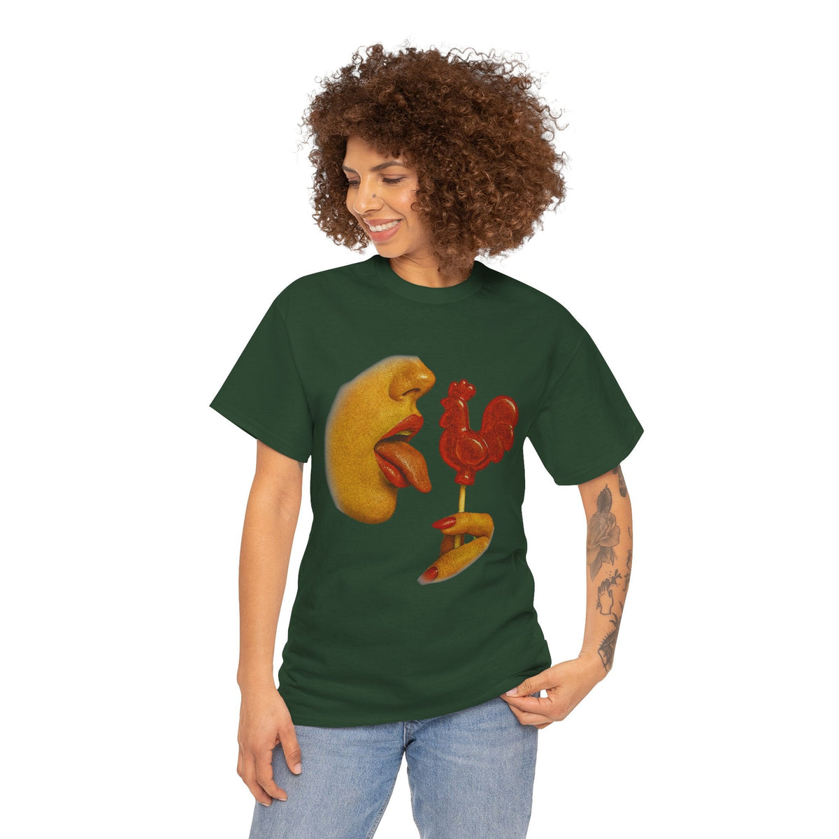 Bold Retro Halftone Tease – Red Rooster Lollipop Graphic Tee