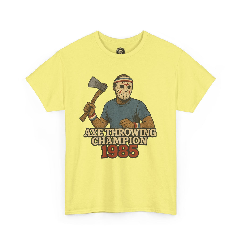Jason Voorhees Axe Throwing Champion 1985 T-Shirt – Retro Slasher Workout Parody | Gildan 5000 Tee