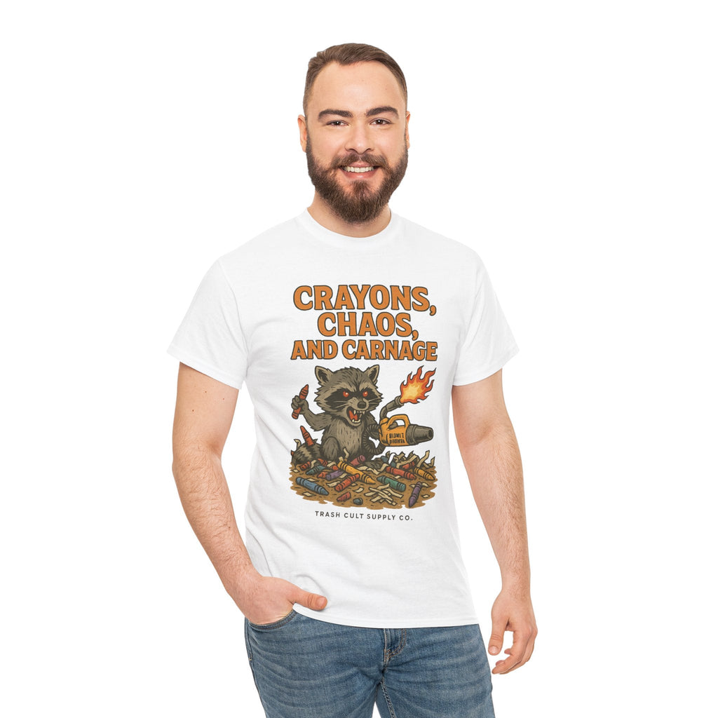 Crayons, Chaos, and Carnage T-Shirt – Dark Humor Raccoon Graphic | Trash Cult Supply Co. | Gildan 5000 Tee