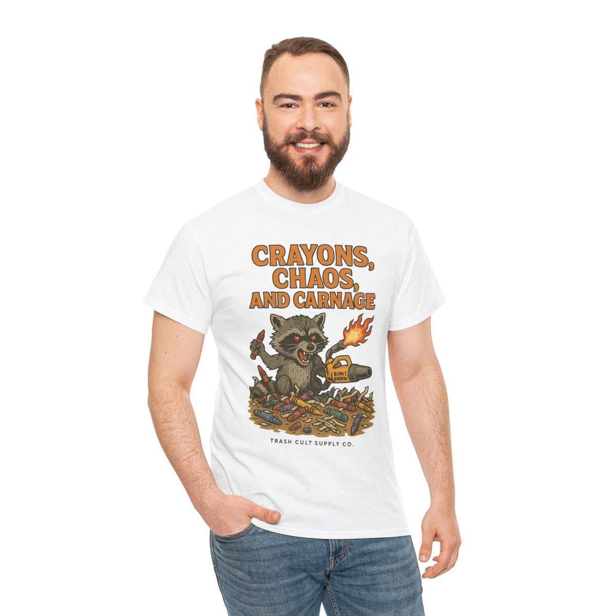 Crayons, Chaos, and Carnage T-Shirt – Dark Humor Raccoon Graphic | Trash Cult Supply Co. | Gildan 5000 Tee