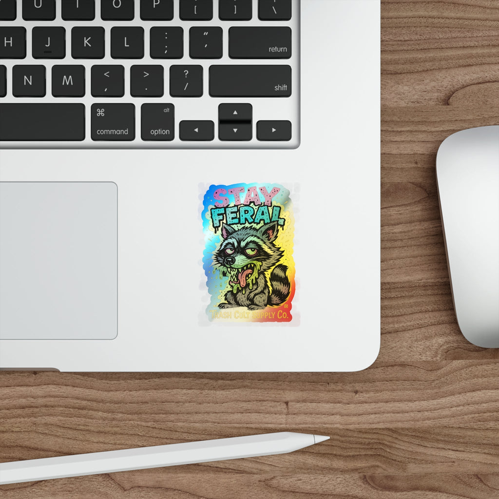 Holographic Die-Cut Stickers - Stay Feral, Fun Decor, Skateboard Accessories, Cool Vibe, Gift for Animal Lovers, Distinctive Art
