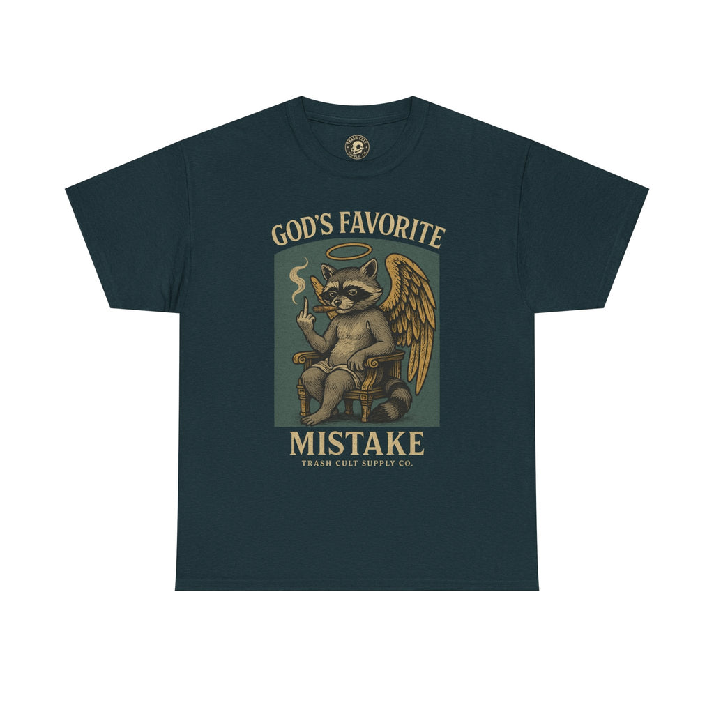 God’s Favorite Mistake Shirt – Raccoon Angel Flipping the Bird by Trash Cult Supply Co.