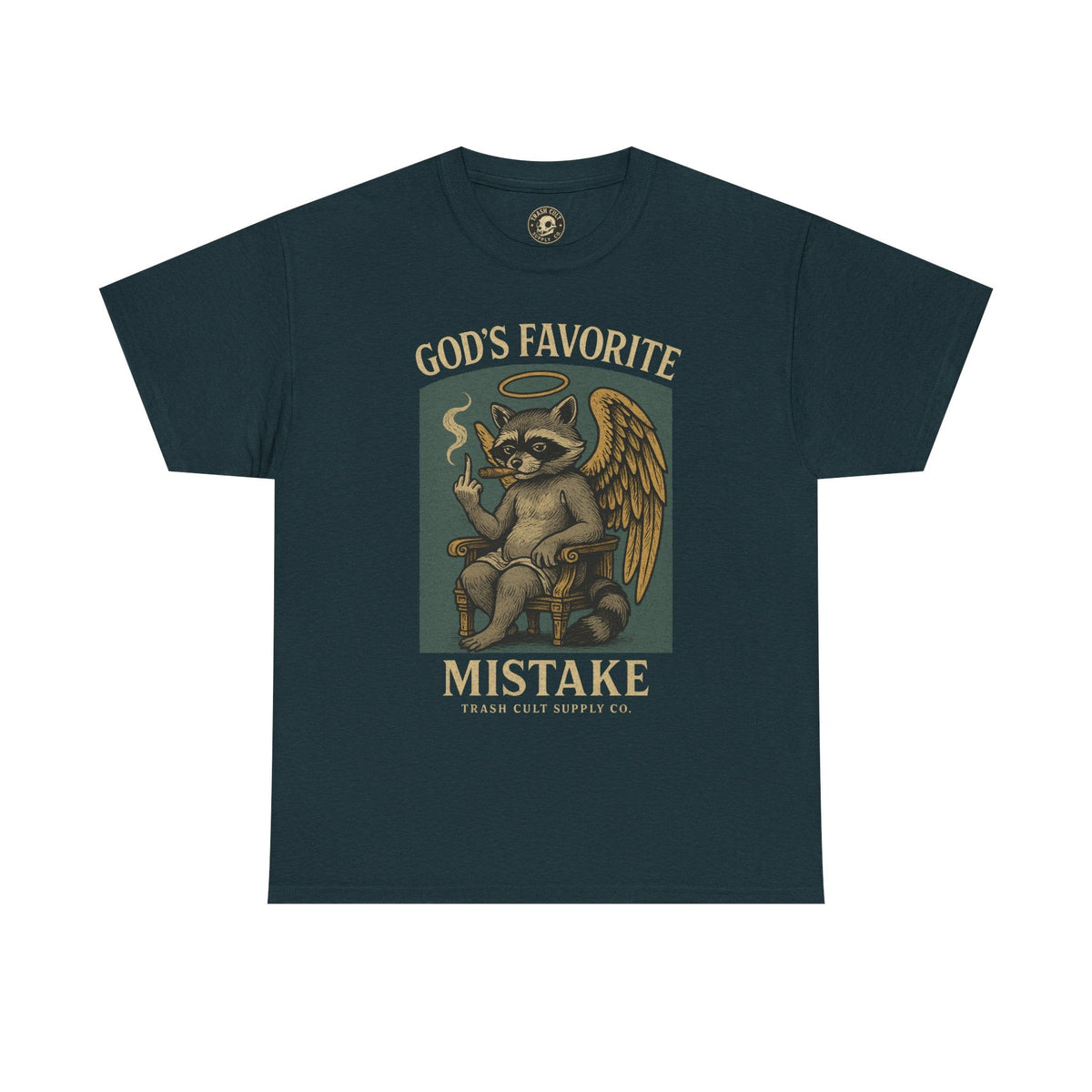 God’s Favorite Mistake Shirt – Raccoon Angel Flipping the Bird by Trash Cult Supply Co.