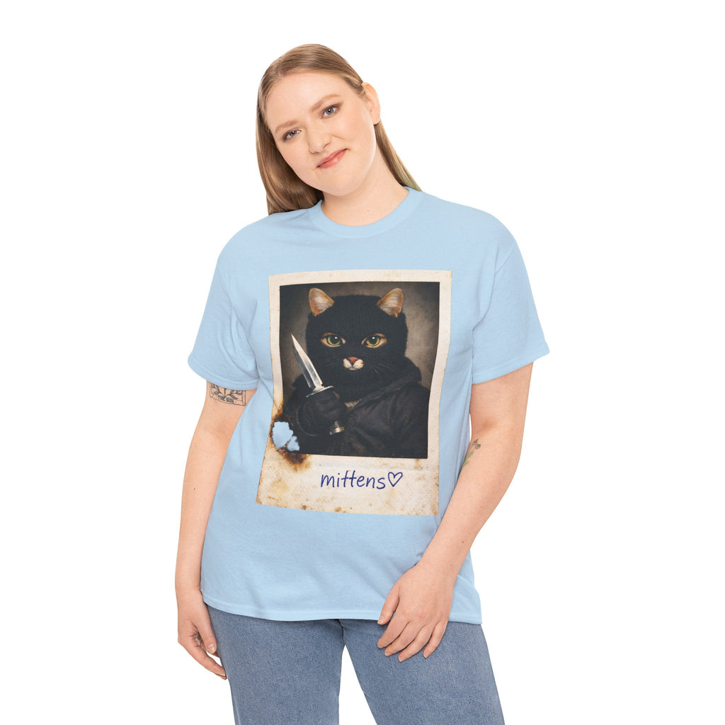 Cat With Knife Tee — "Mittens" Dark Humor Vintage Polaroid Graphic T-Shirt