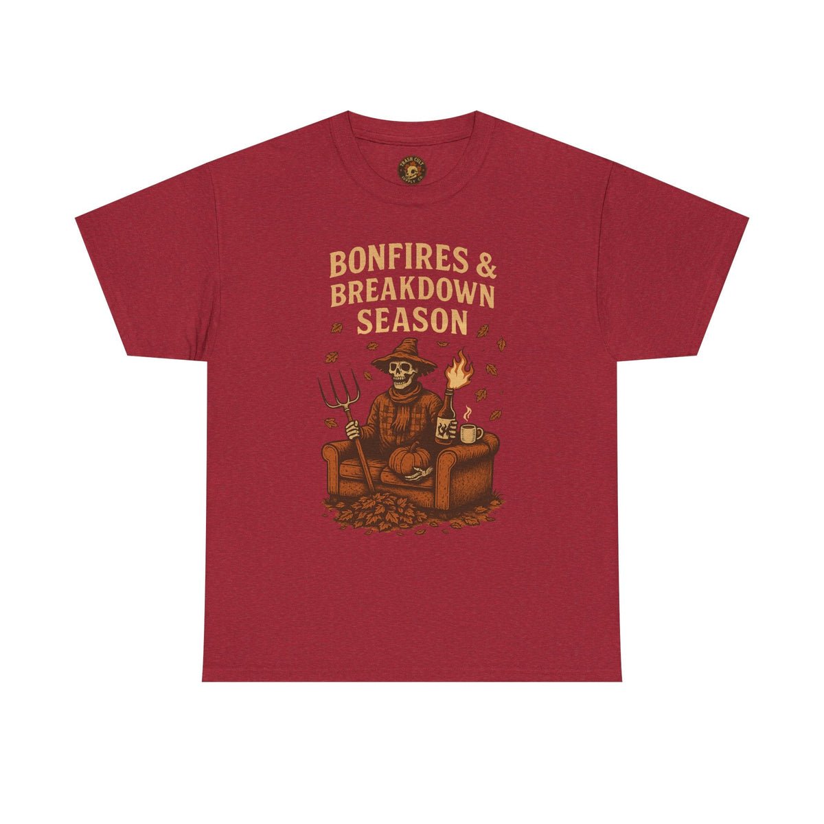 Bonfires & Breakdown Season Shirt – Skeleton Couch Chaos Tee – Fall of Humanity Collection – Trash Cult Supply Co.