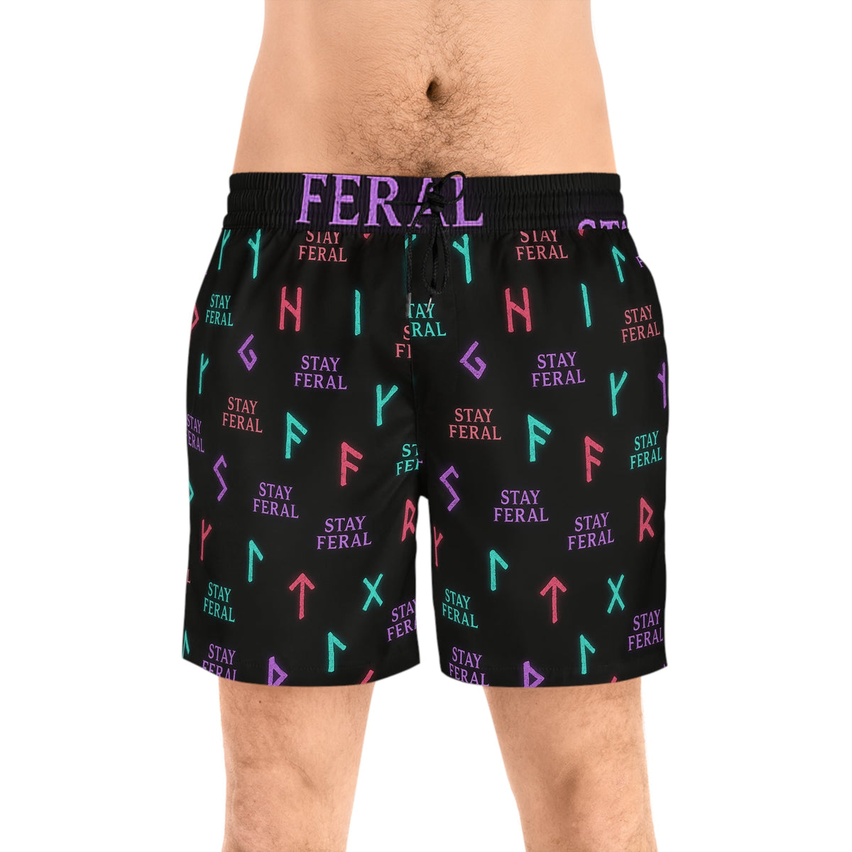 Stay Feral Glowing Rune Men’s Swim Trunks | Edgy Beachwear