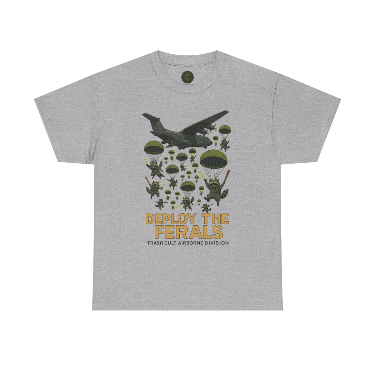 Deploy the Ferals T-Shirt – Airborne Raccoon Drop Graphic | Trash Cult Supply Co. | Gildan 5000 Heavy Cotton Tee