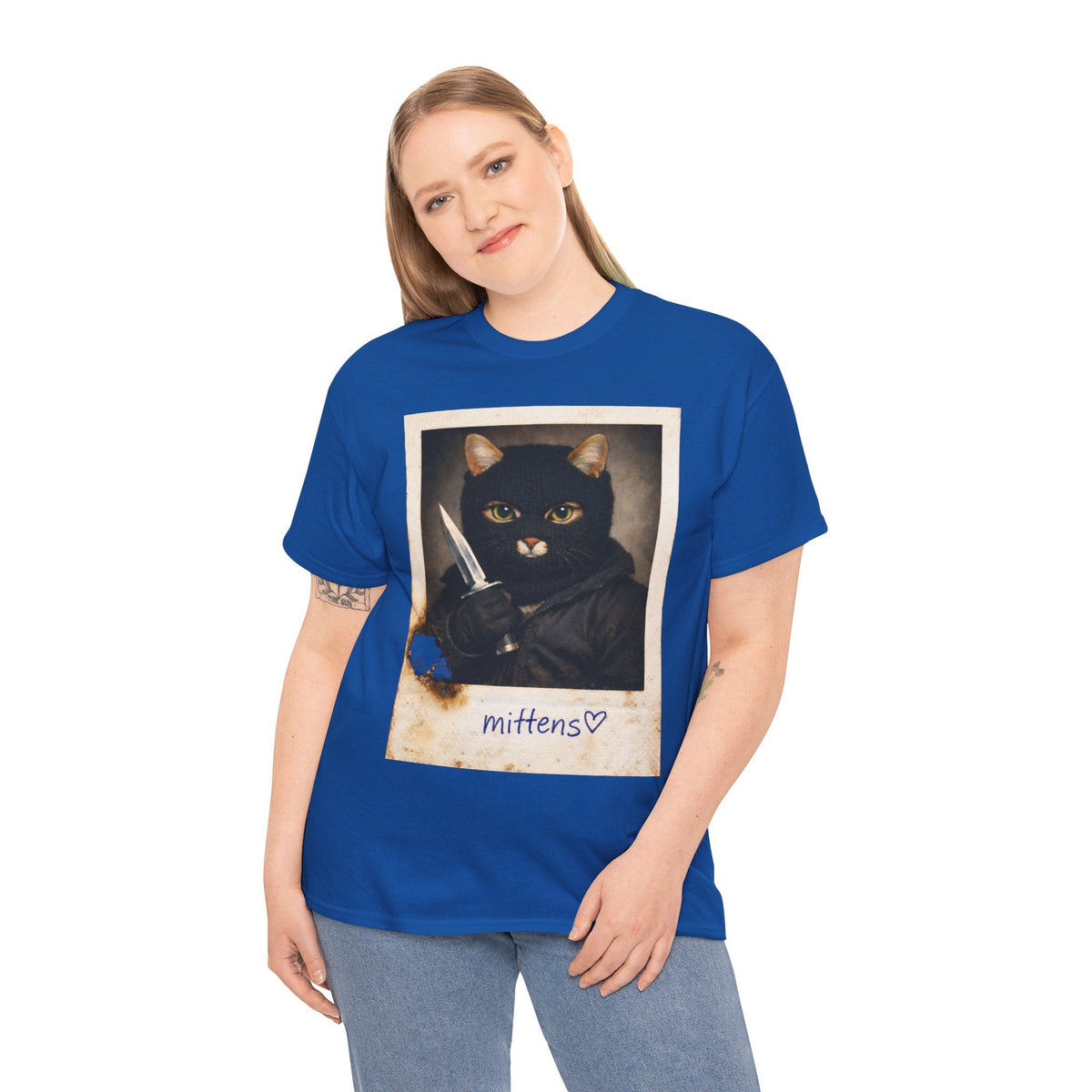 Cat With Knife Tee — "Mittens" Dark Humor Vintage Polaroid Graphic T-Shirt