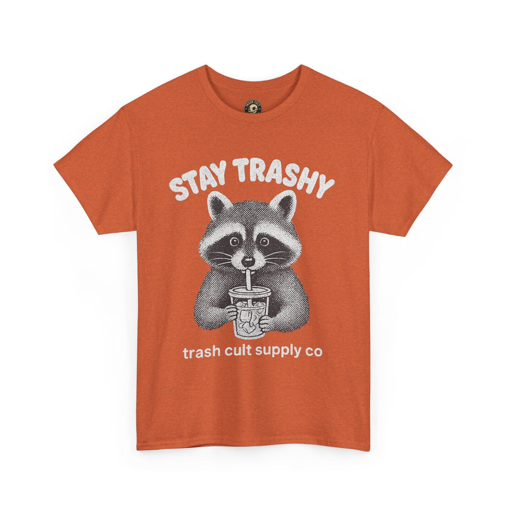 Stay Trashy Raccoon Iced Coffee Shirt – Halftone All White Design | Trash Cult Supply Co.