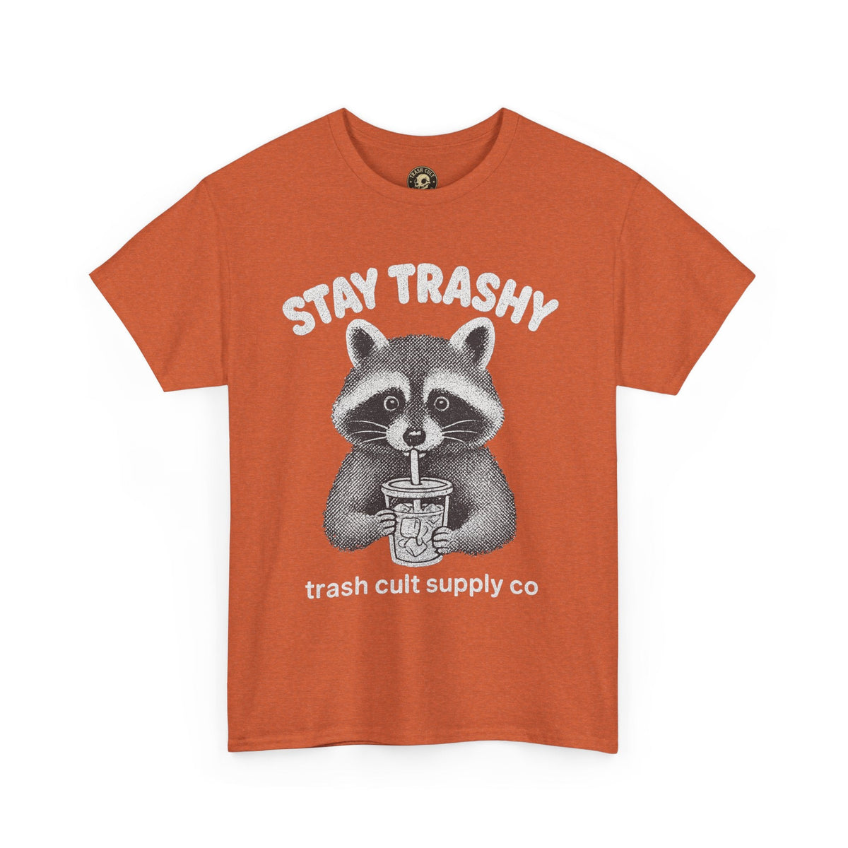 Stay Trashy Raccoon Iced Coffee Shirt – Halftone All White Design | Trash Cult Supply Co.