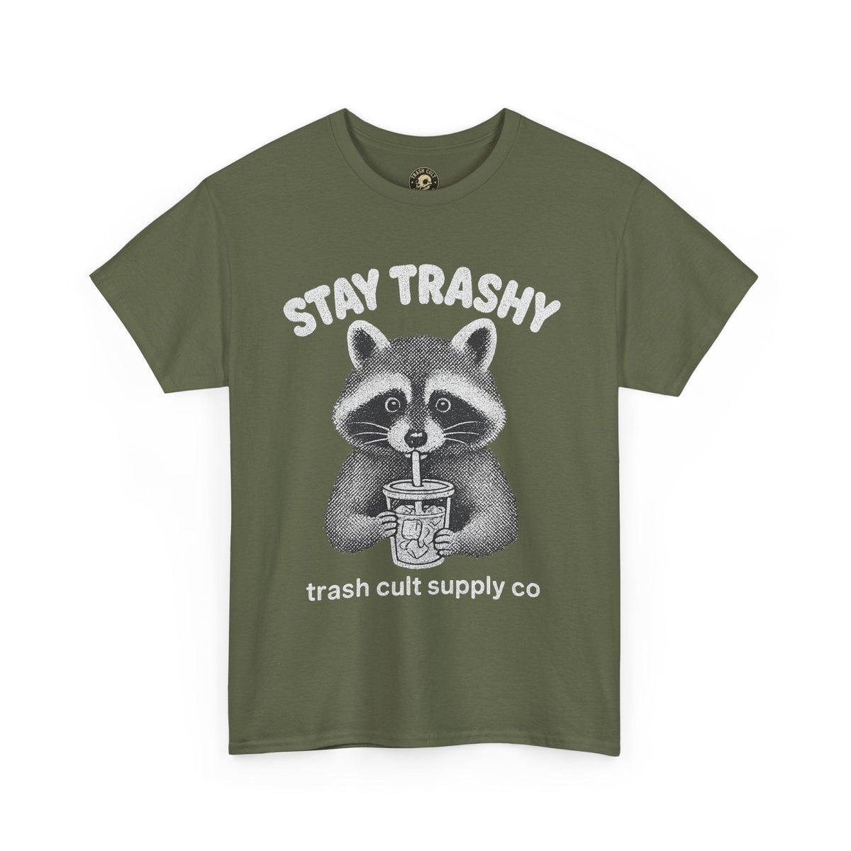 Stay Trashy Raccoon Iced Coffee Shirt – Halftone All White Design | Trash Cult Supply Co.