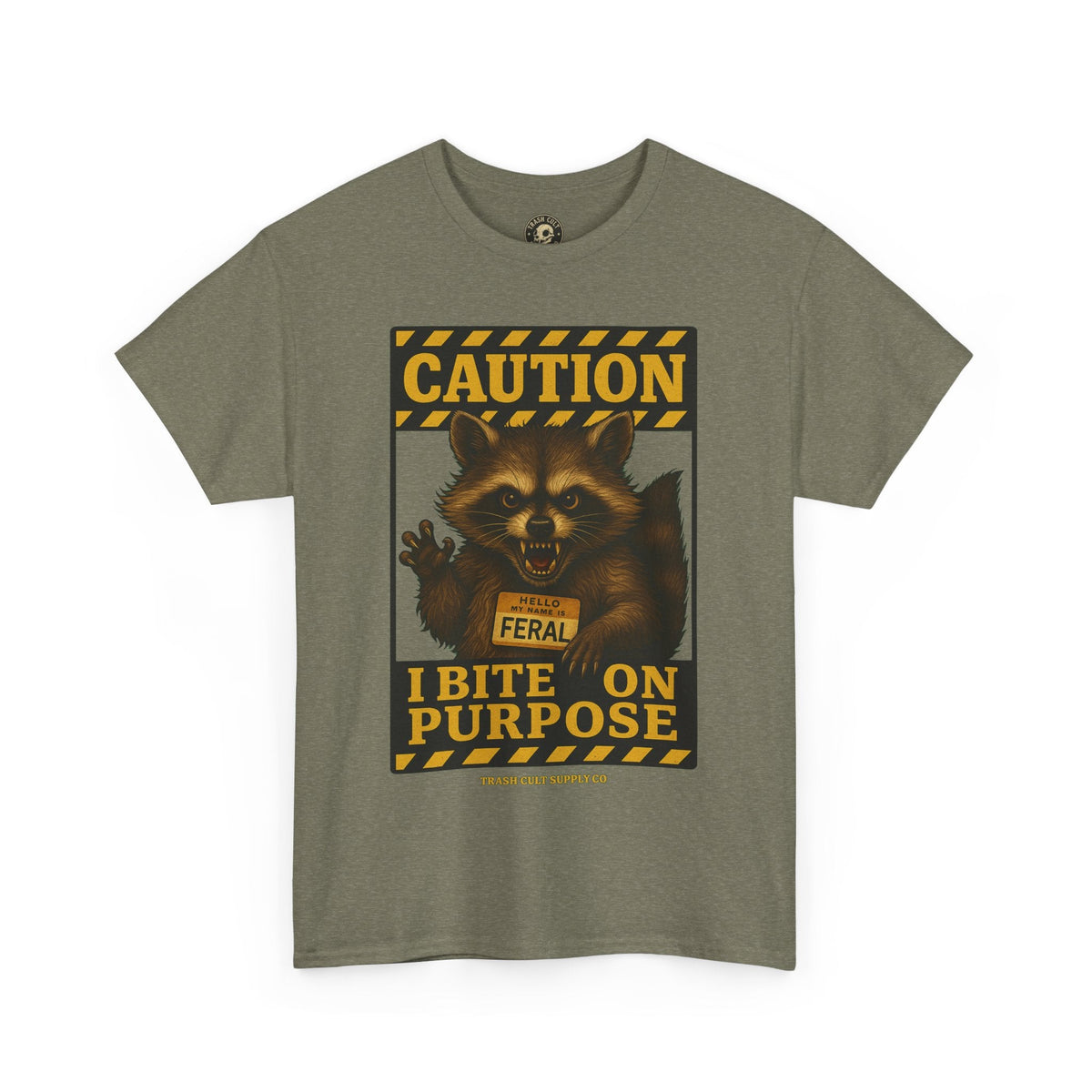 I Bite On Purpose Raccoon Warning T-Shirt – Caution Sign Style | Trash Cult Supply Co | Gildan 5000