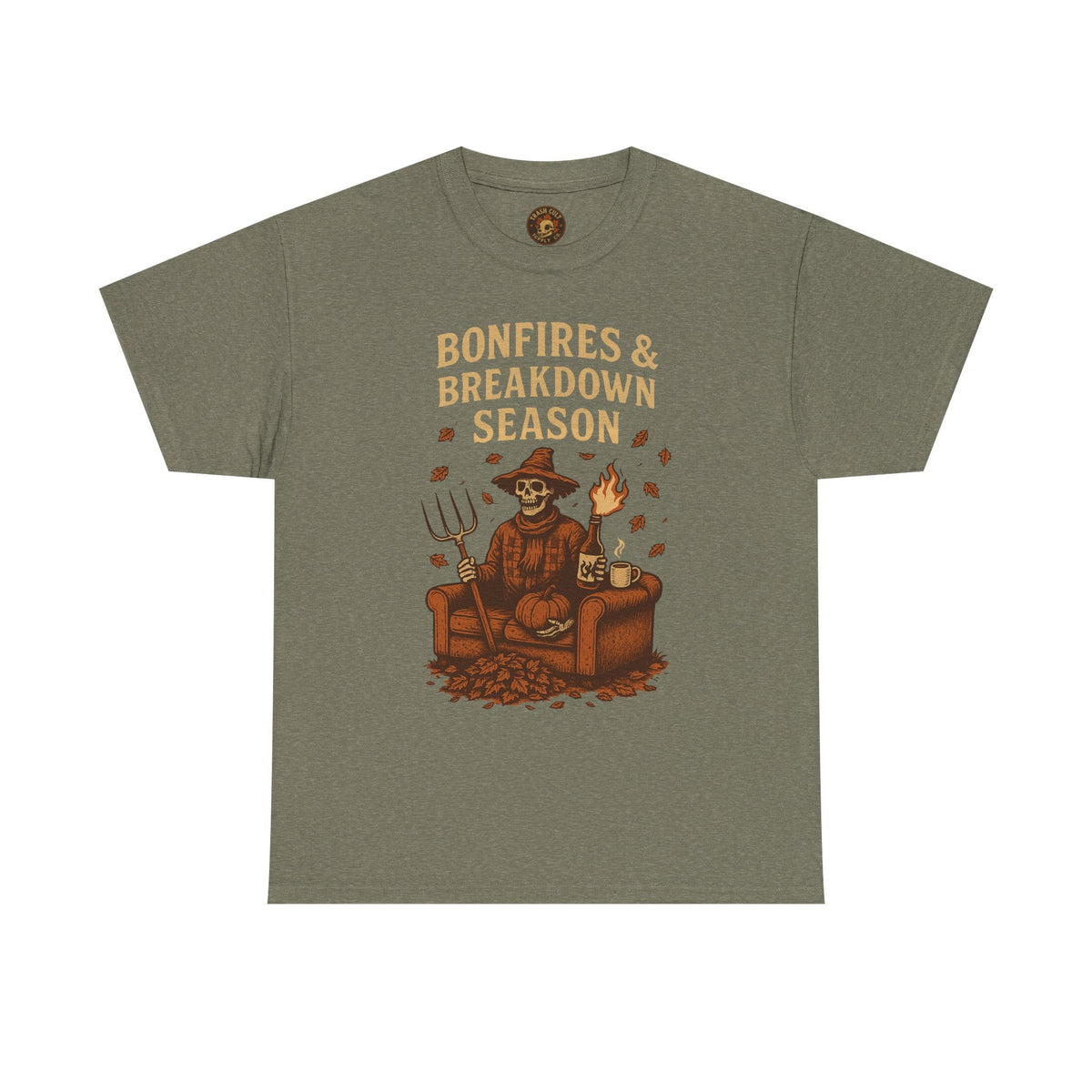 Bonfires & Breakdown Season Shirt – Skeleton Couch Chaos Tee – Fall of Humanity Collection – Trash Cult Supply Co.