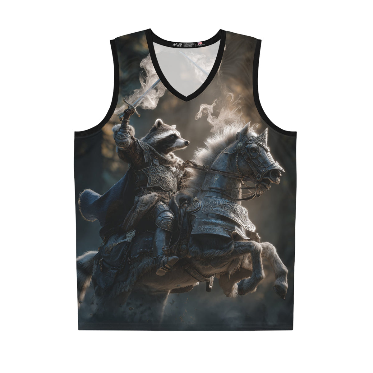 Fantasy Raccoon Knight Basketball Jersey, Unique Sports Apparel, AOP Athletic Wear, Gift for Gamers, Fun Sportswear for Events