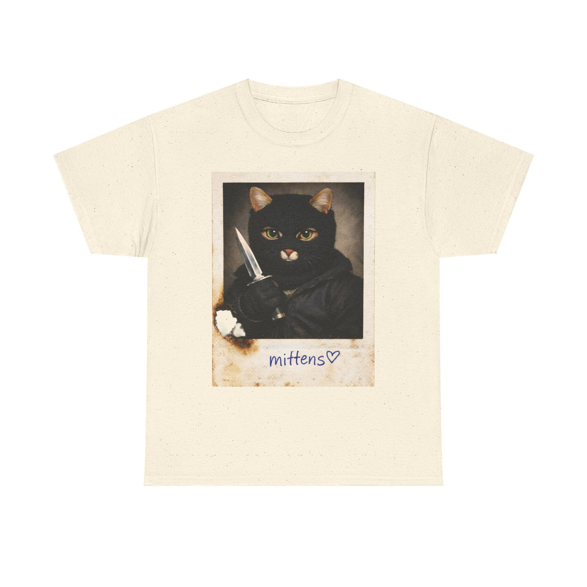 Cat With Knife Tee — "Mittens" Dark Humor Vintage Polaroid Graphic T-Shirt