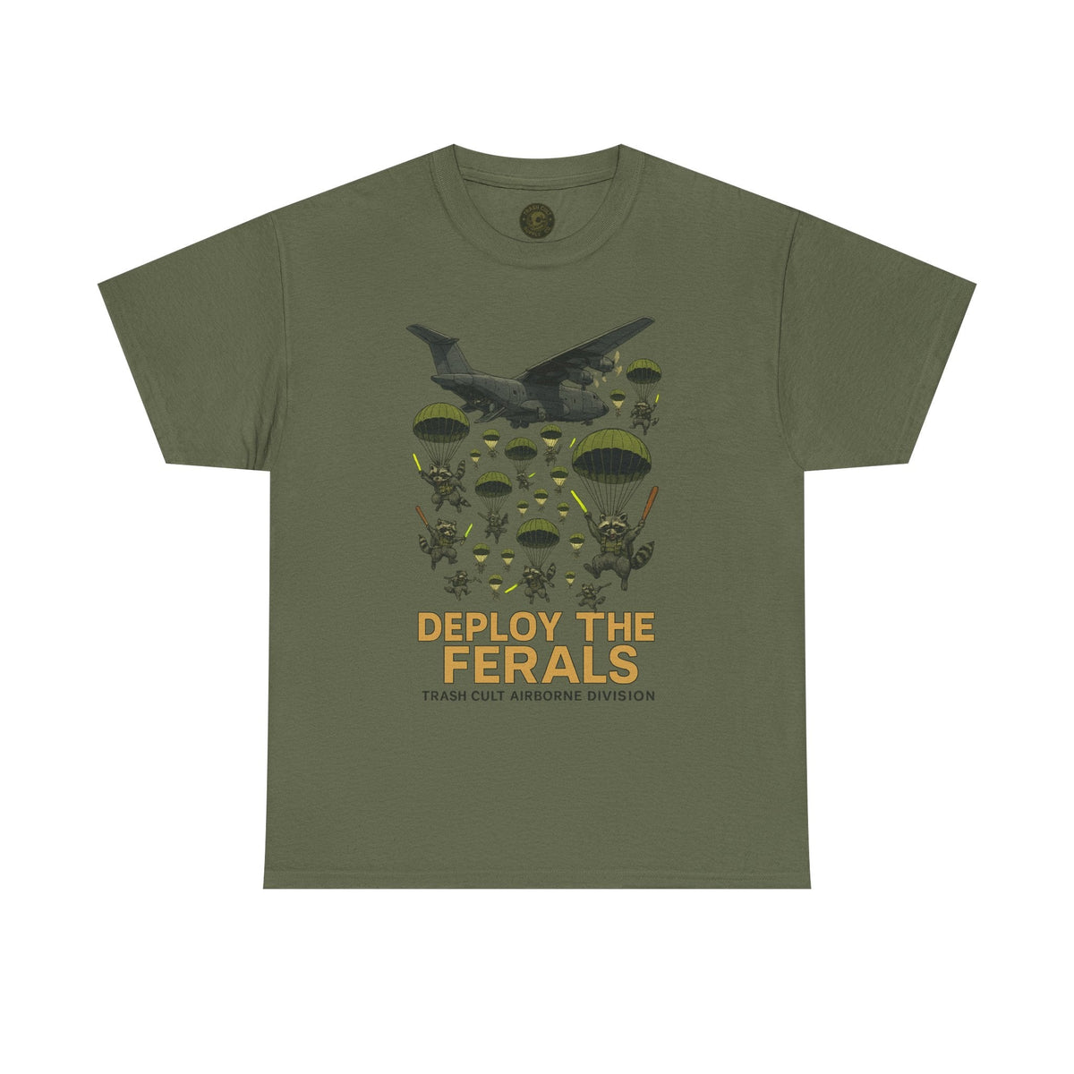 Deploy the Ferals T-Shirt – Airborne Raccoon Drop Graphic | Trash Cult Supply Co. | Gildan 5000 Heavy Cotton Tee