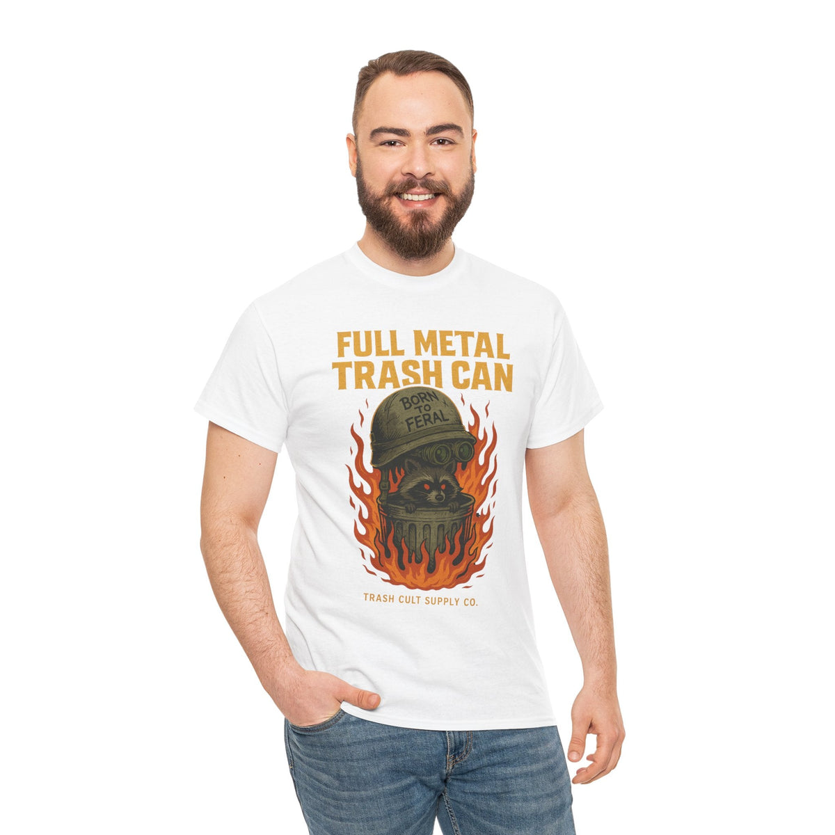 Full Metal Trash Can T-Shirt – Born to Feral Raccoon Graphic | Trash Cult Supply Co. | Gildan 5000 Tee