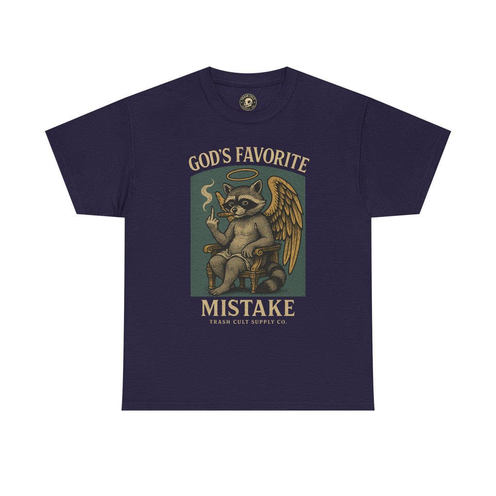 God’s Favorite Mistake Shirt – Raccoon Angel Flipping the Bird by Trash Cult Supply Co.
