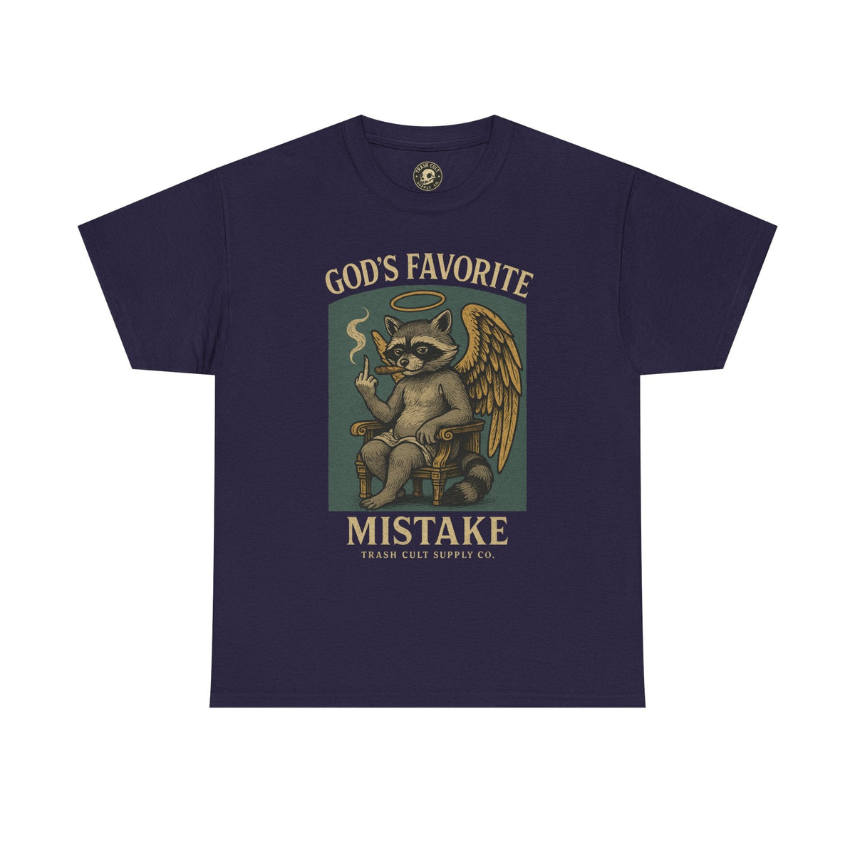 God’s Favorite Mistake Shirt – Raccoon Angel Flipping the Bird by Trash Cult Supply Co.