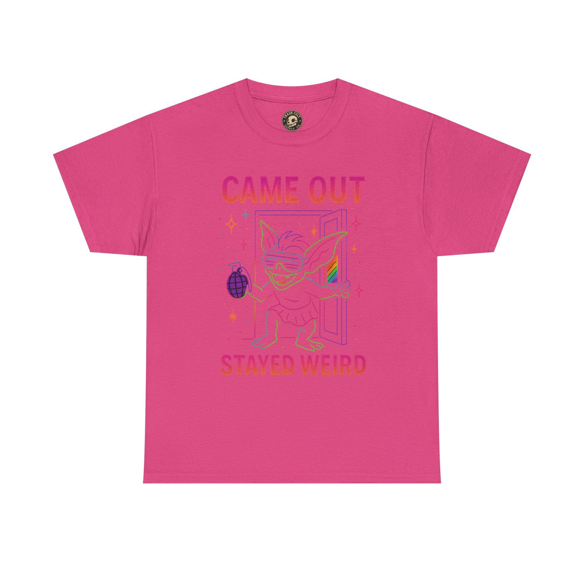 Came Out, Stayed Weird – Neon Gremlin Pride T-Shirt | Gildan Unisex Heavy Cotton Tee | LGBTQ+ Graphic Shirt