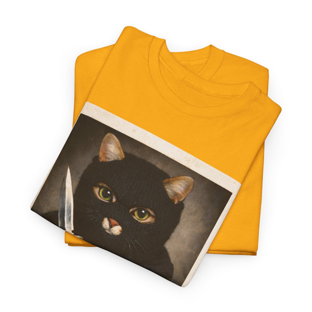 Cat With Knife Tee — "Mittens" Dark Humor Vintage Polaroid Graphic T-Shirt