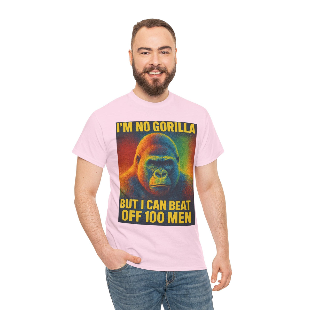 I’m No Gorilla But I Can Beat Off 100 Men Shirt – Multicolor Halftone Gorilla Tee on Gildan 5000