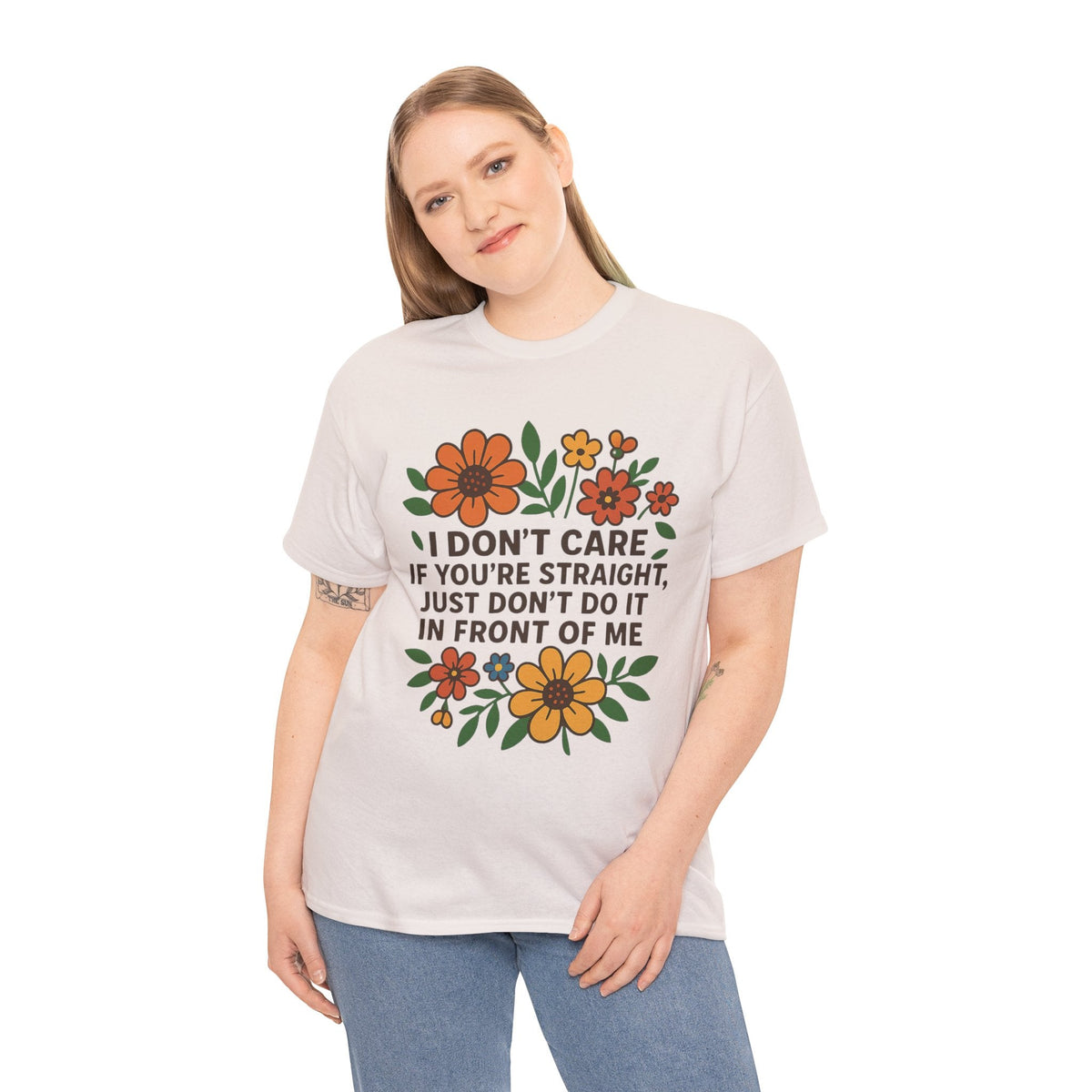“I Don’t Care If You’re Straight” Funny Floral Shirt – LGBTQ+ Ally Tee – Bold Statement Graphic – Gildan 5000