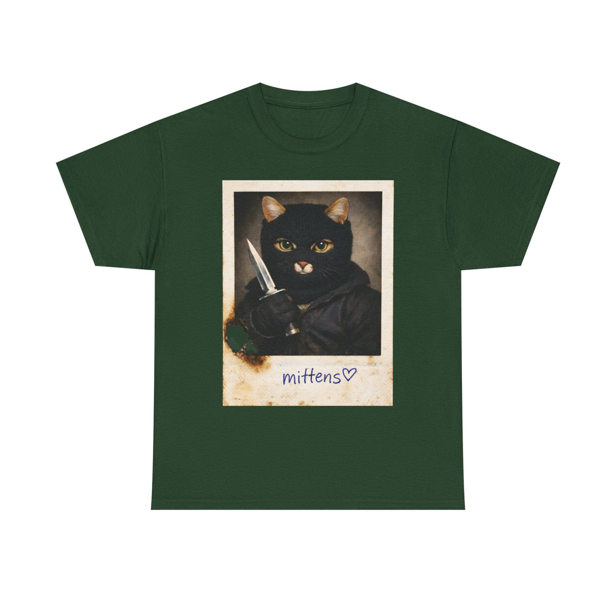 Cat With Knife Tee — "Mittens" Dark Humor Vintage Polaroid Graphic T-Shirt