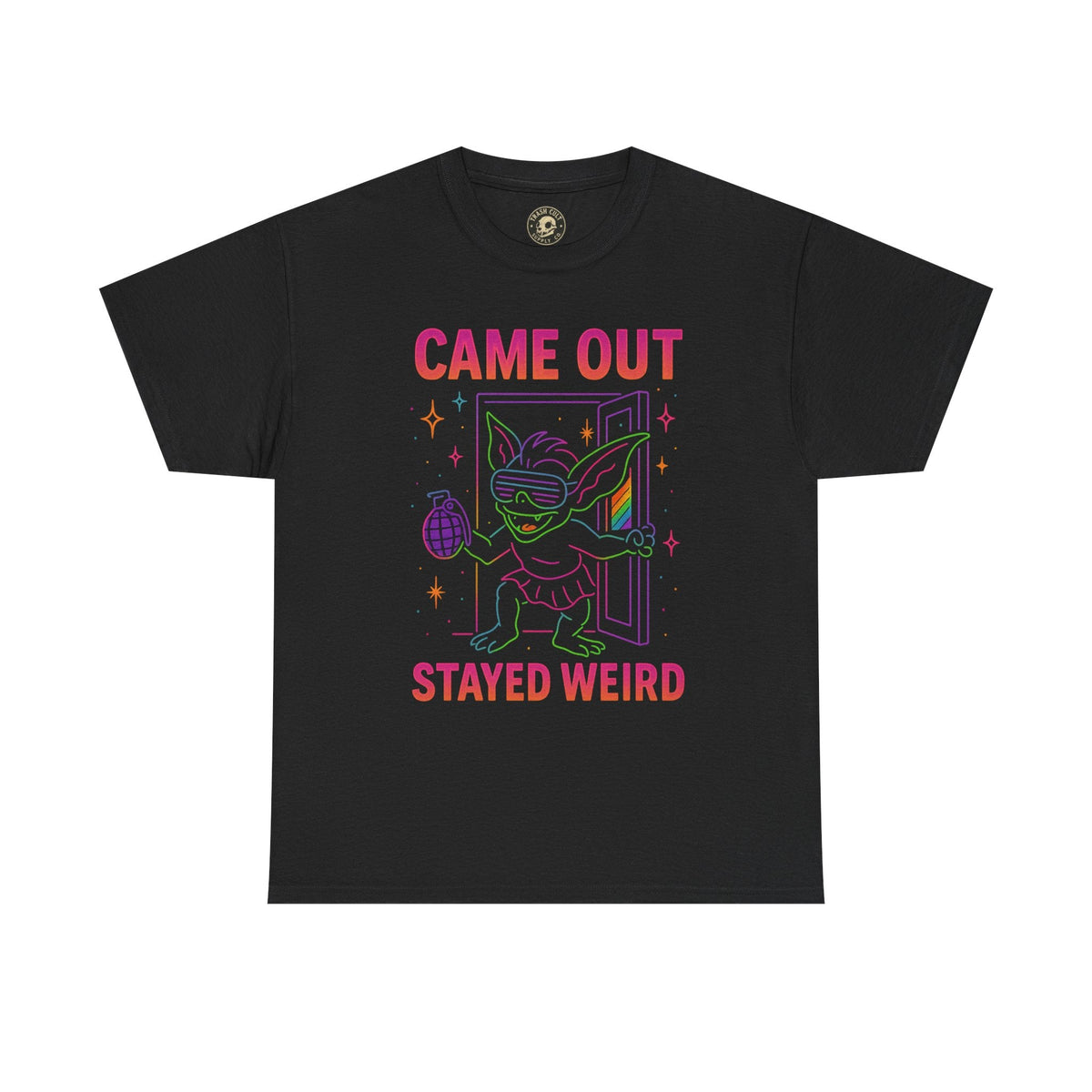 Came Out, Stayed Weird – Neon Gremlin Pride T-Shirt | Gildan Unisex Heavy Cotton Tee | LGBTQ+ Graphic Shirt