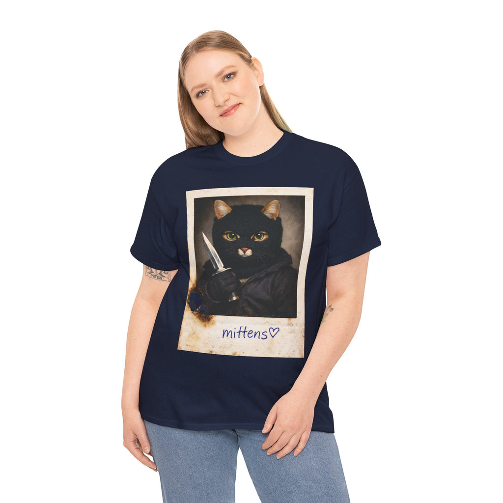 Cat With Knife Tee — "Mittens" Dark Humor Vintage Polaroid Graphic T-Shirt