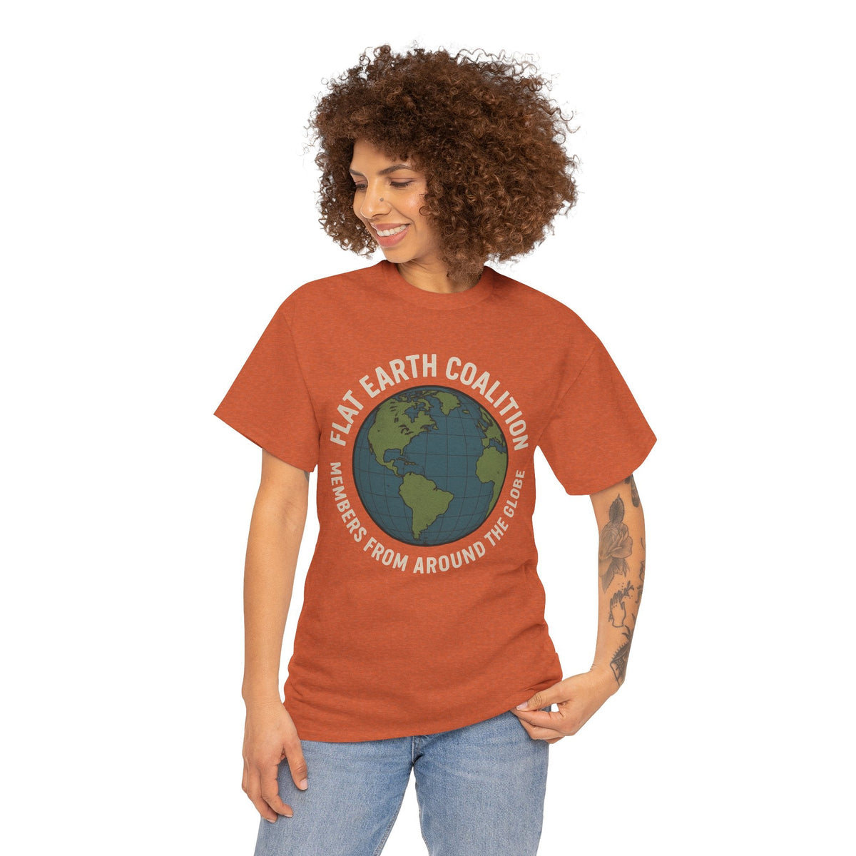 Flat Earth Coalition Funny Globe Parody Shirt – “Members From Around the Globe” Tee – Satirical Conspiracy Theory Humor Tee