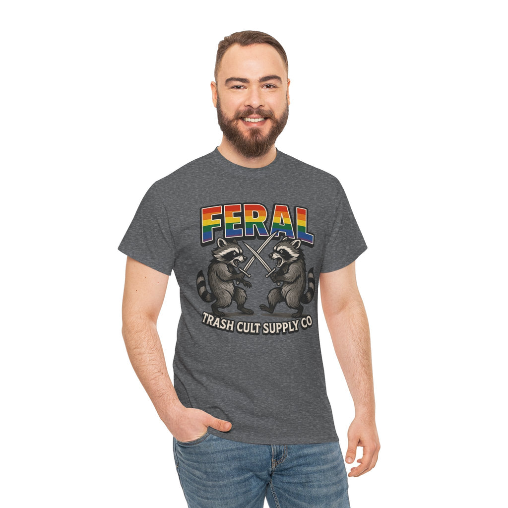 FERAL Rainbow Raccoon Sword Fighting Graphic Tee – Gildan 5000 Heavy Cotton