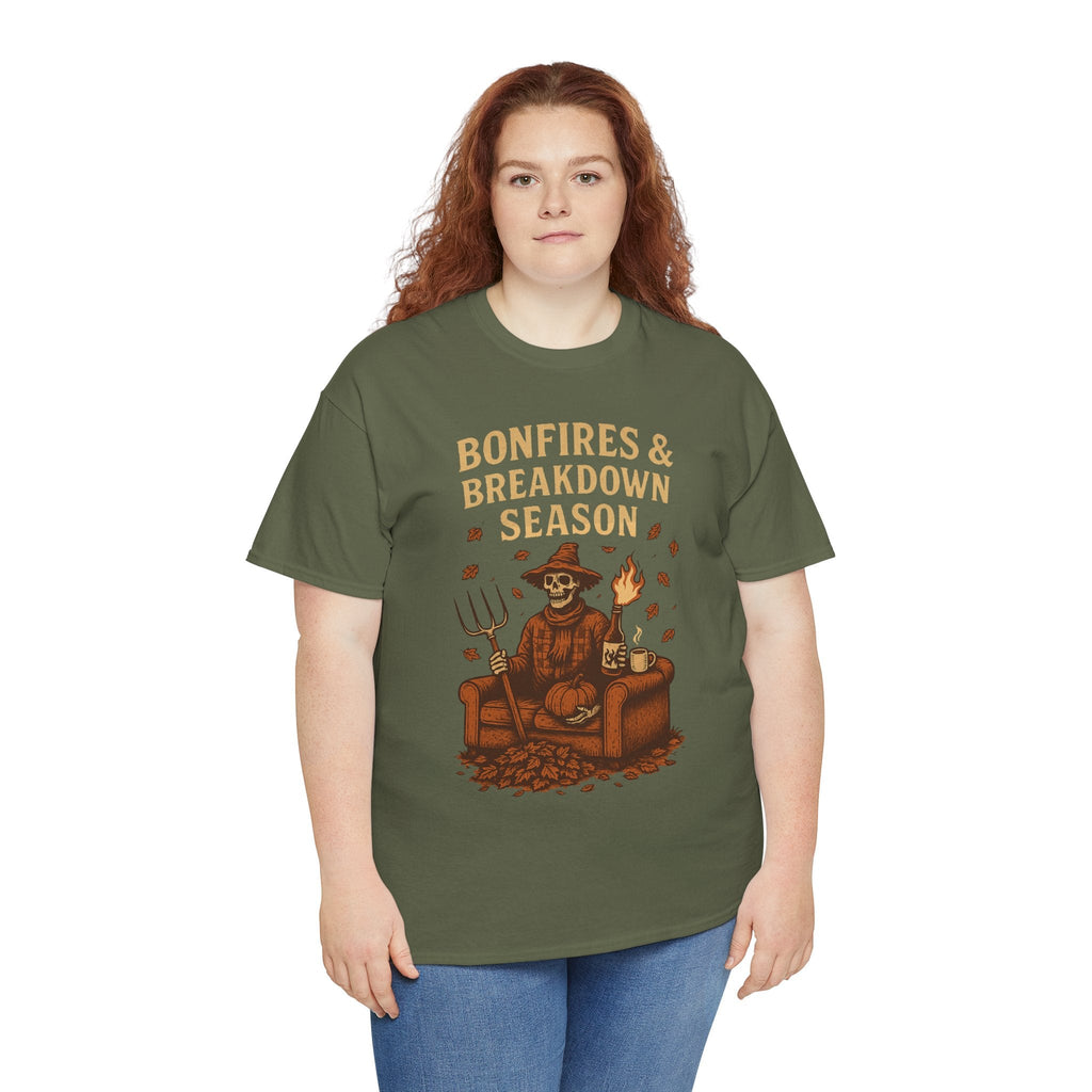 Bonfires & Breakdown Season Shirt – Skeleton Couch Chaos Tee – Fall of Humanity Collection – Trash Cult Supply Co.