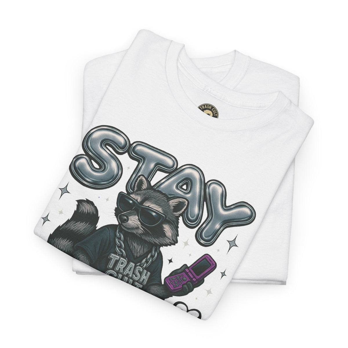 Stay Feral Chrome Raccoon Tee – Y2K Streetwear Trash Cult Shirt
