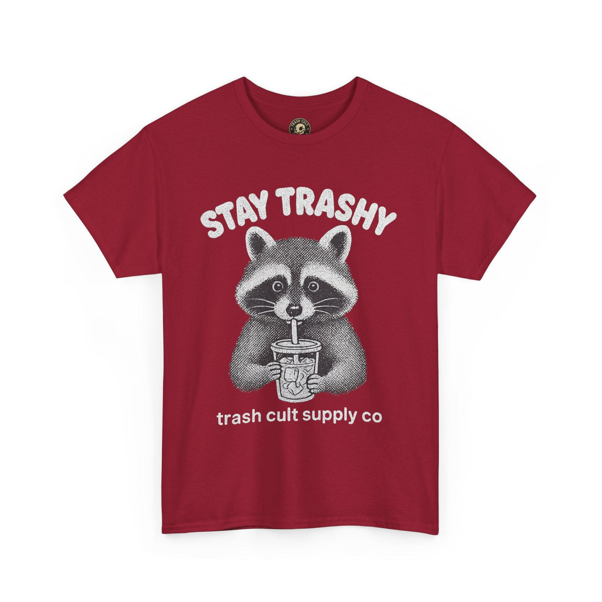 Stay Trashy Raccoon Iced Coffee Shirt – Halftone All White Design | Trash Cult Supply Co.