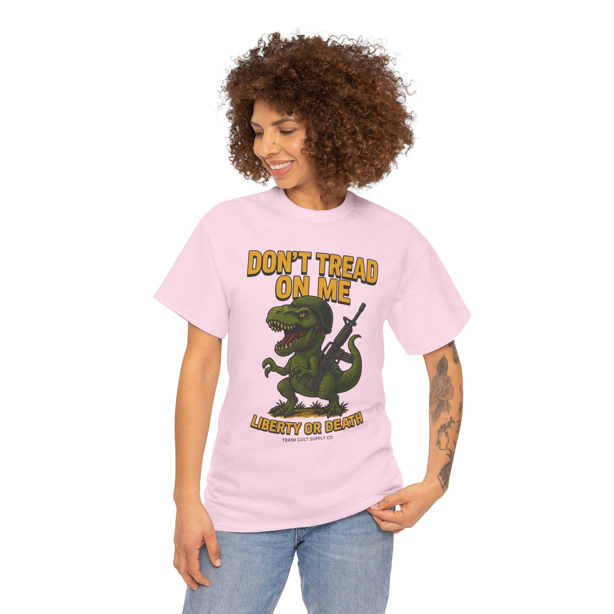 Don’t Tread On Me T-Rex T-Shirt – Liberty or Death Graphic | Trash Cult Supply Co. | Gildan 5000 Heavy Cotton
