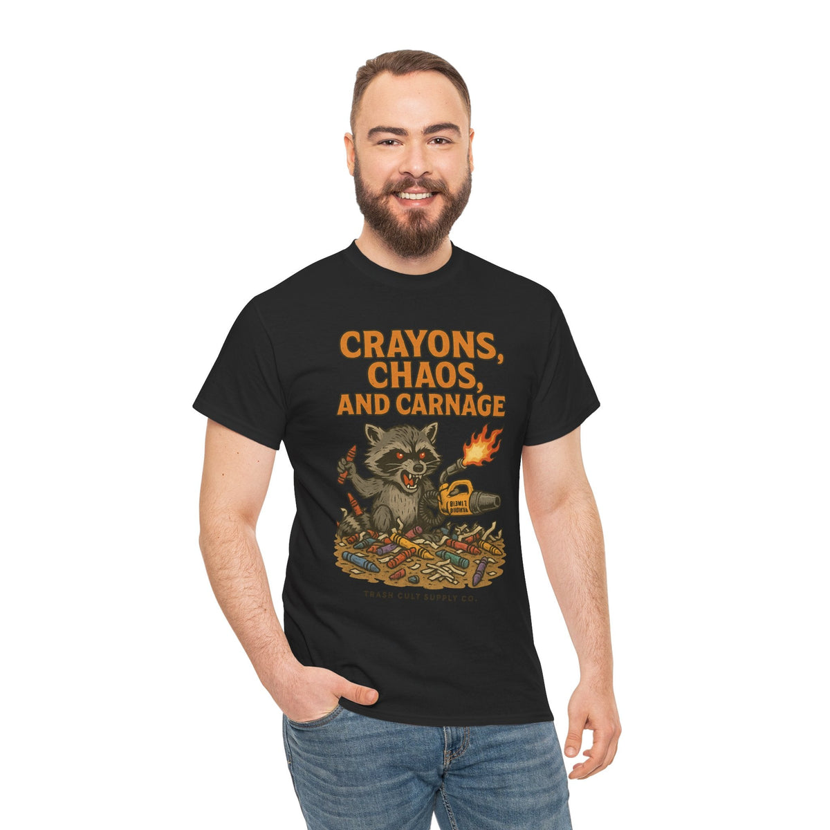 Crayons, Chaos, and Carnage T-Shirt – Dark Humor Raccoon Graphic | Trash Cult Supply Co. | Gildan 5000 Tee