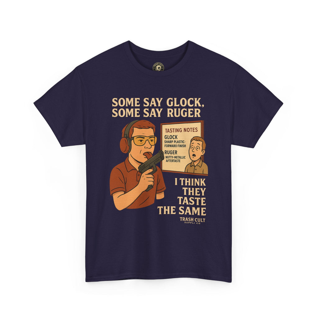 Glock vs Ruger Mouthfeel Shirt – Funny Gun Show Parody Tee | Dark Humor Firearm Tasting Notes Shirt
