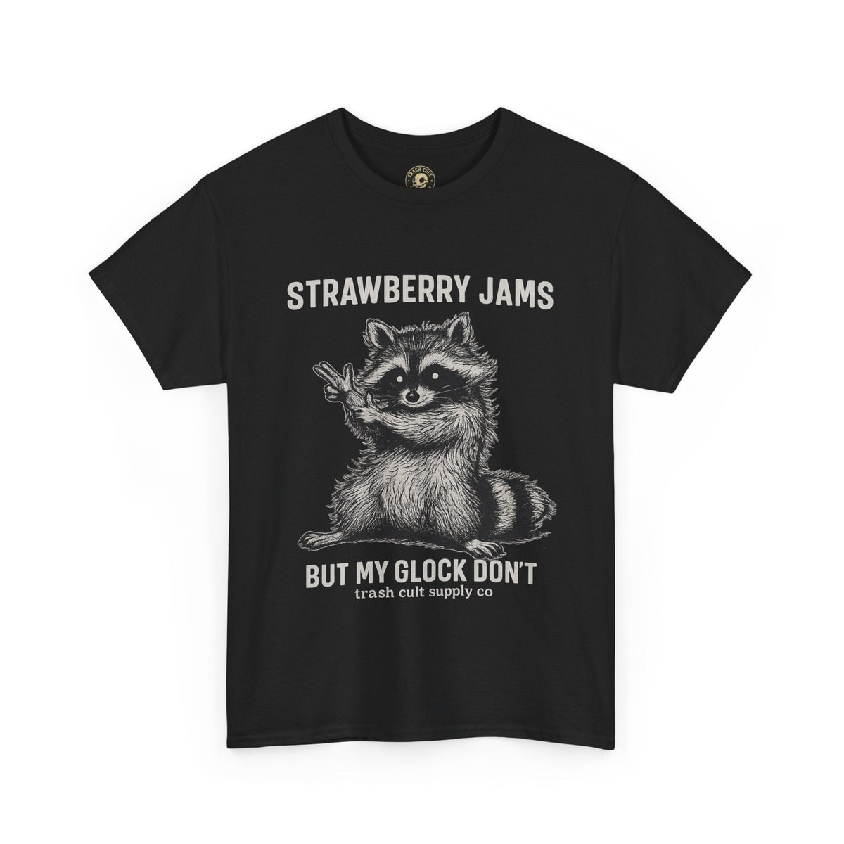 Strawberry Jams But My Glock Don’t Raccoon Shirt – Trash Cult Supply Co. Gildan 5000 Tee