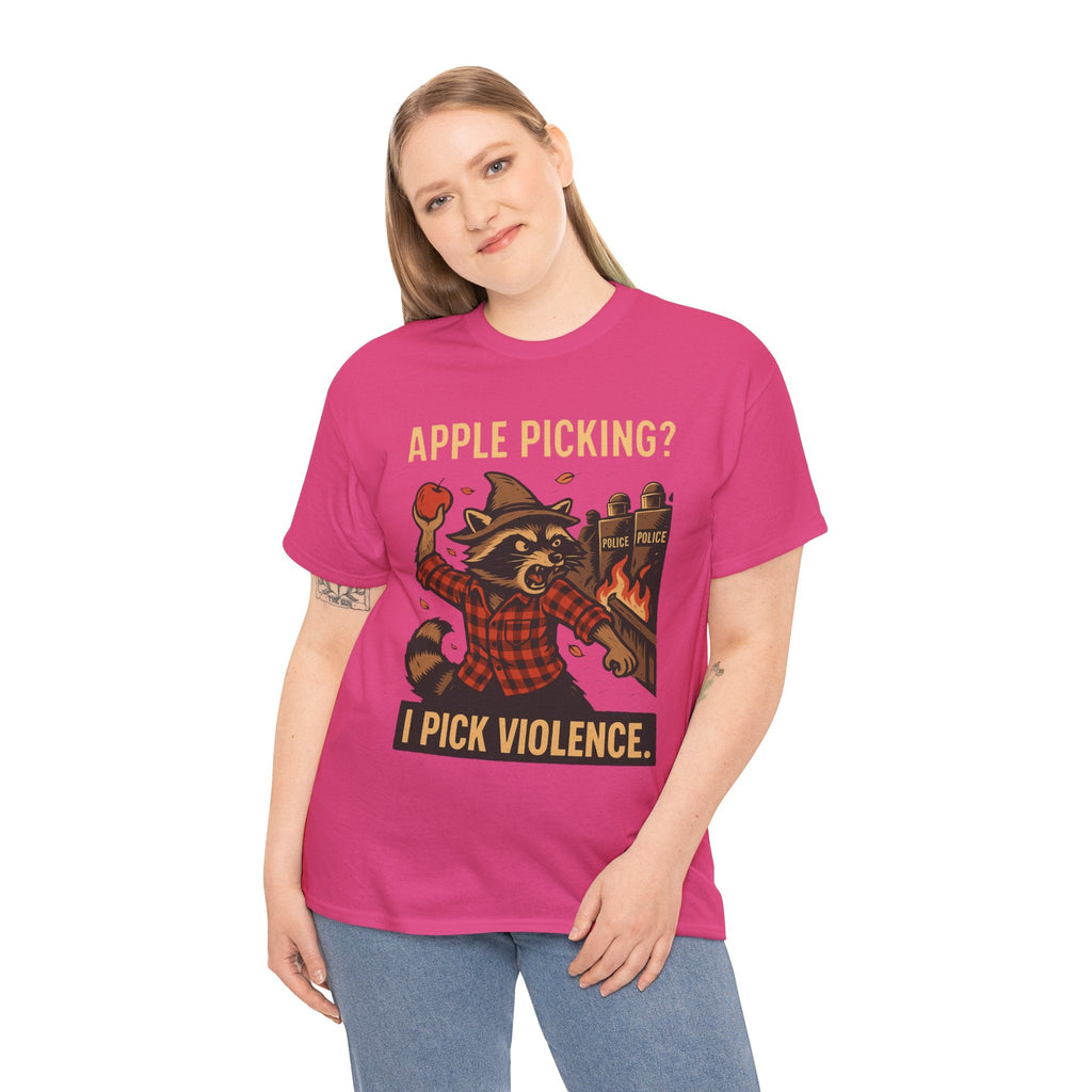 Apple Picking? I Pick Violence Shirt – Angry Raccoon Riot Tee – Fall of Humanity Collection – Trash Cult Supply Co.