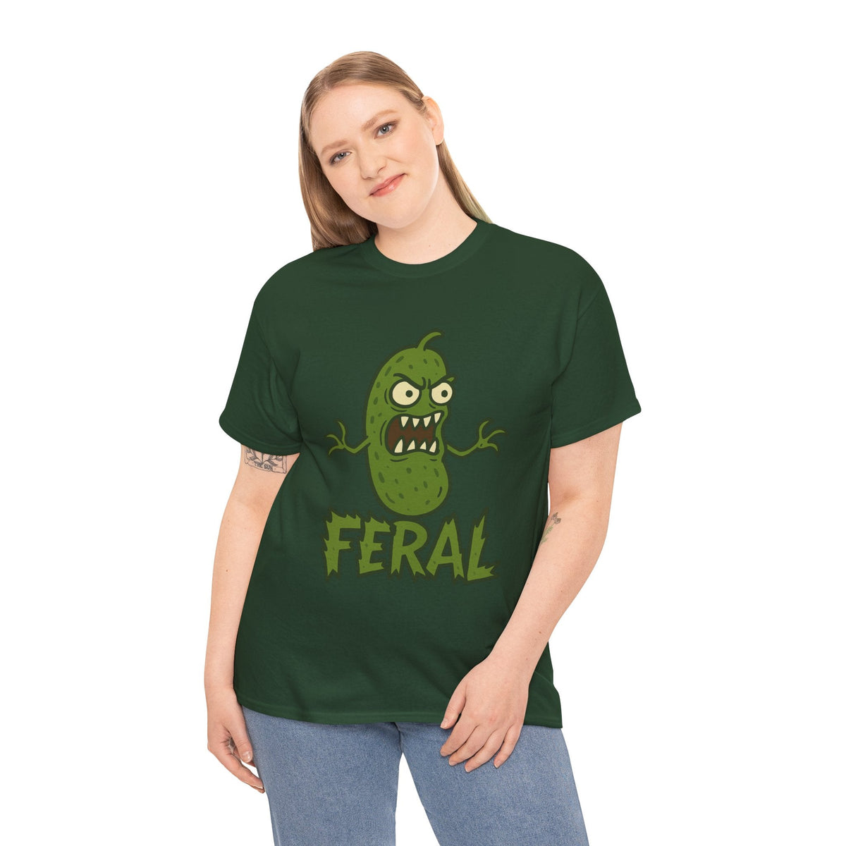 Feral Pickle Cartoon Tee – Trashcore Angry Pickle Shirt – Gildan 5000 Unisex Heavy Cotton