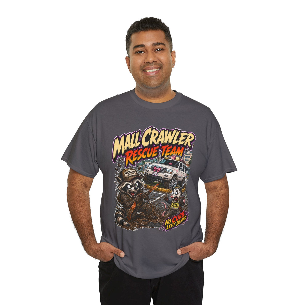 Mall Crawler Rescue Team T‑Shirt — Vintage Raccoon Rescue Graphic Tee (“No Curb Left Behind”)