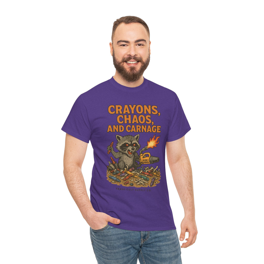 Crayons, Chaos, and Carnage T-Shirt – Dark Humor Raccoon Graphic | Trash Cult Supply Co. | Gildan 5000 Tee