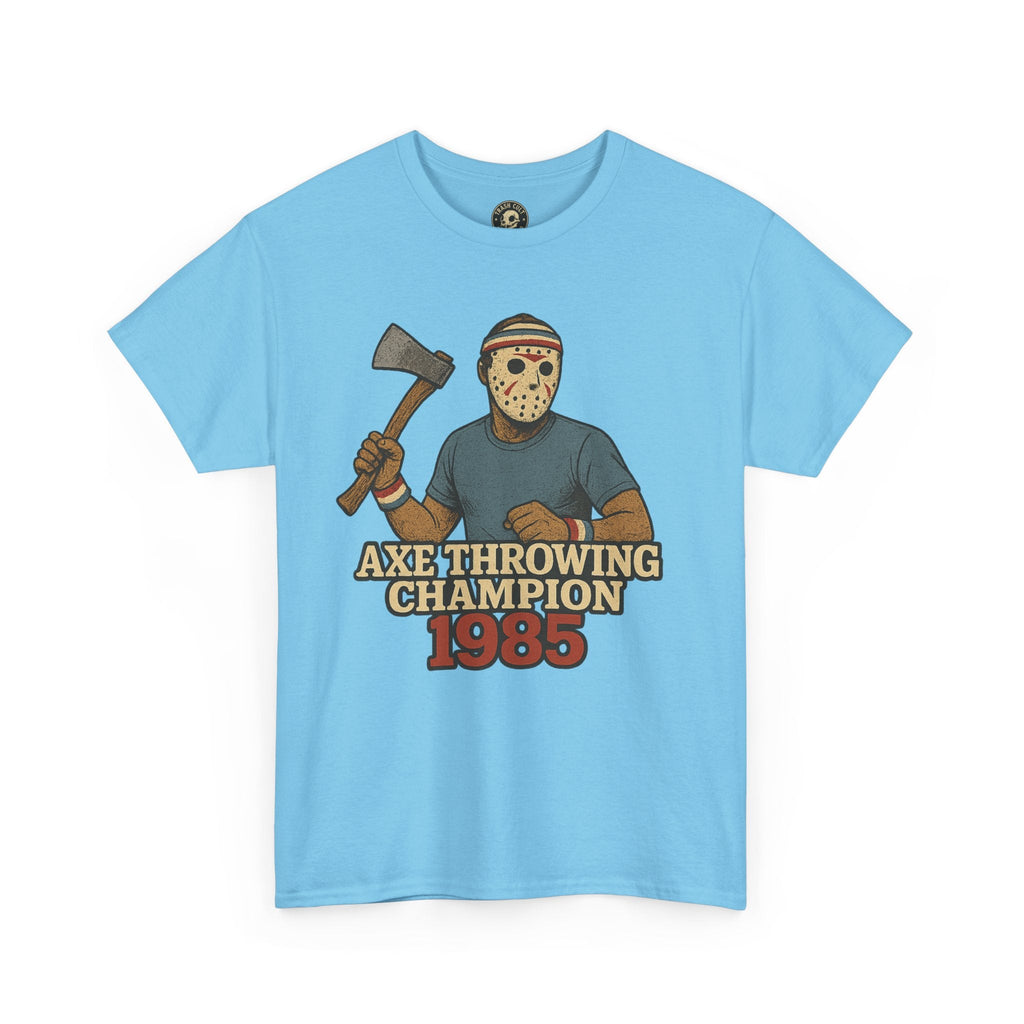 Jason Voorhees Axe Throwing Champion 1985 T-Shirt – Retro Slasher Workout Parody | Gildan 5000 Tee