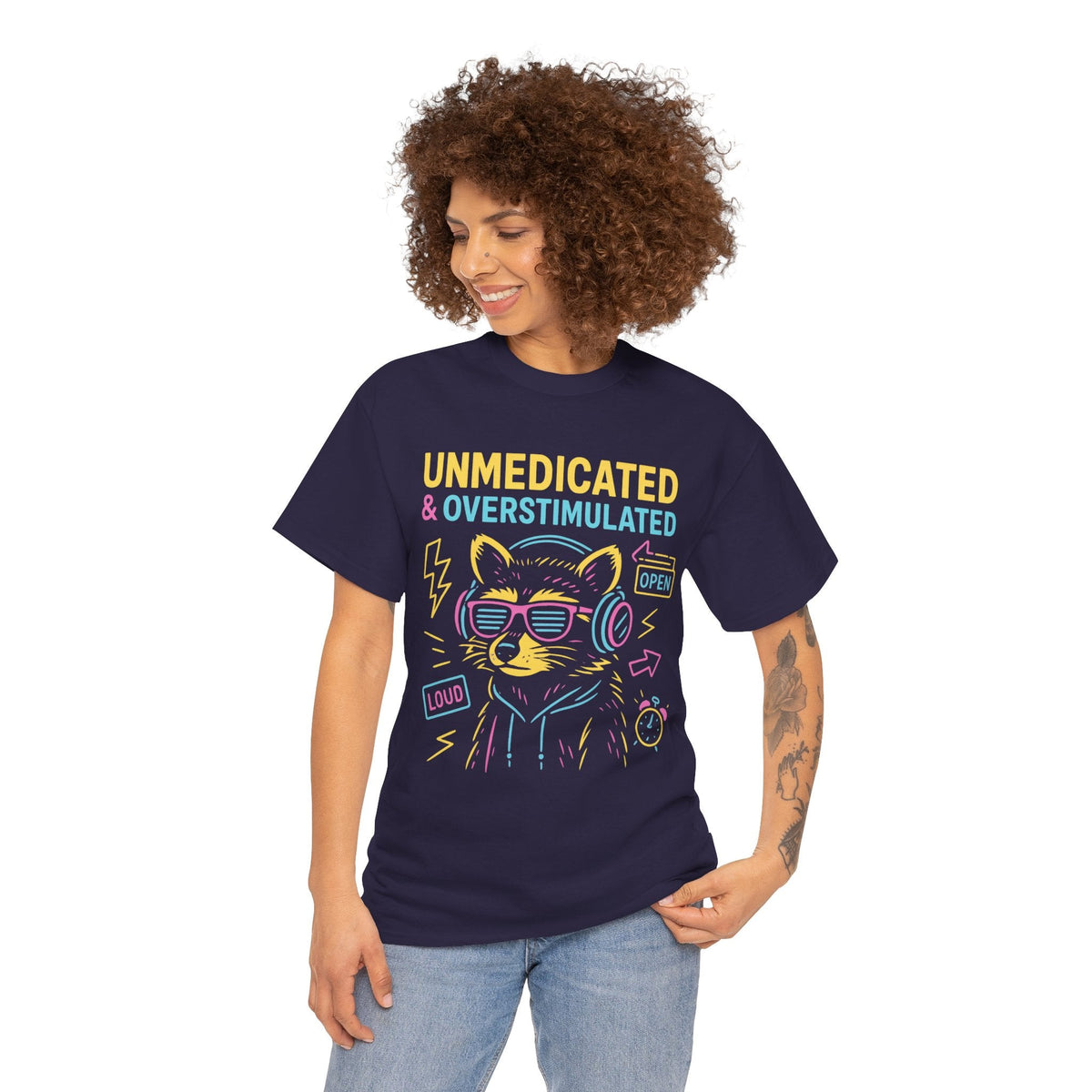 Unmedicated & Overstimulated Neon Raccoon ADHD Shirt – Trash Cult Supply Co. – Gildan 5000