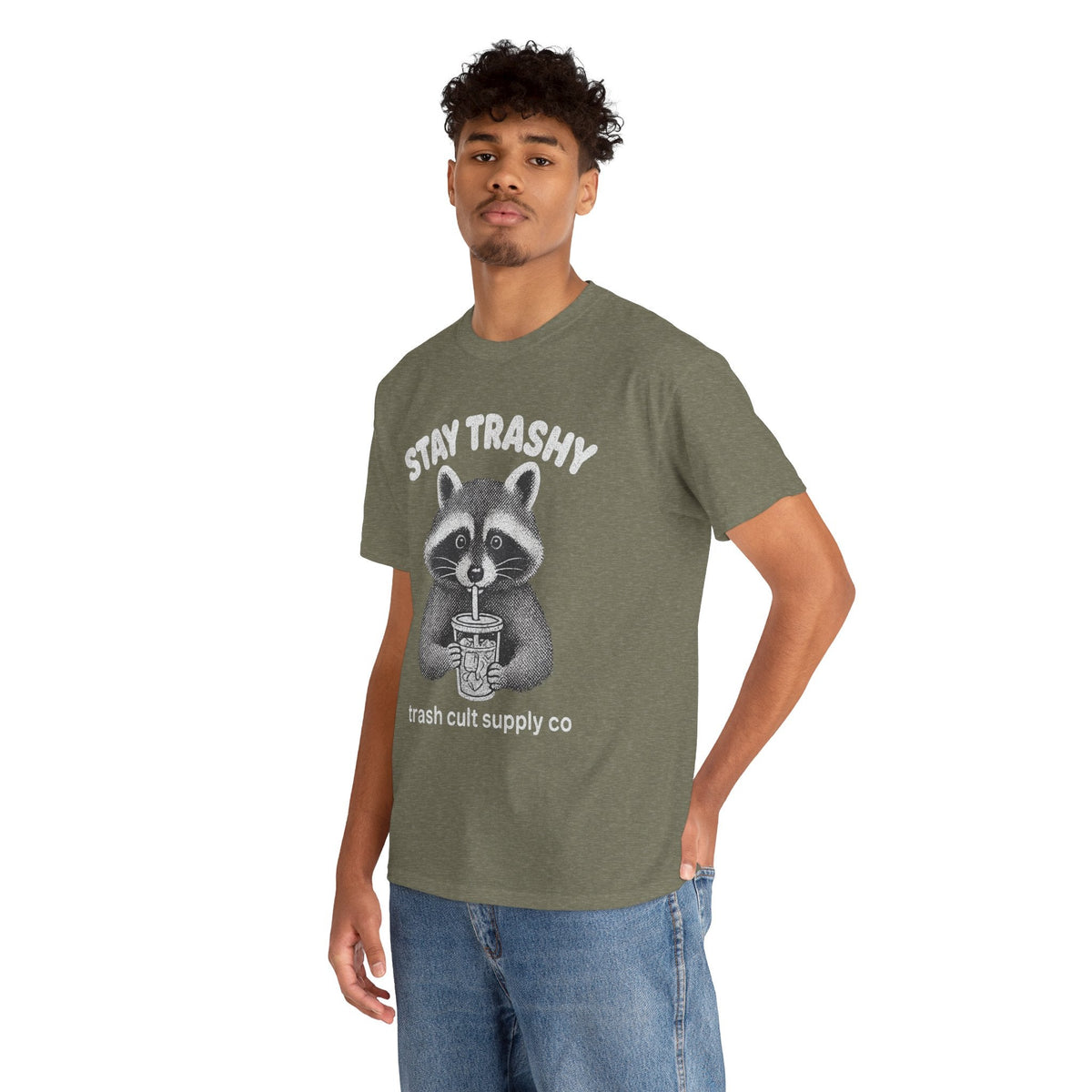 Stay Trashy Raccoon Iced Coffee Shirt – Halftone All White Design | Trash Cult Supply Co.