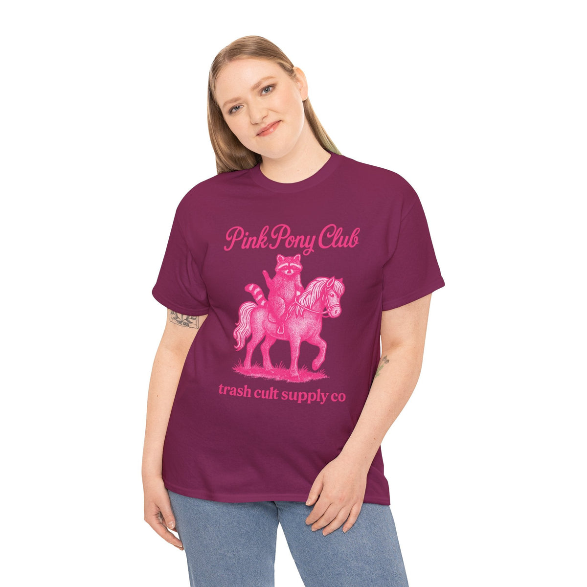 Pink Pony Club Raccoon Riding Pony Shirt – Vintage Hot Pink Halftone Tee by Trash Cult Supply Co
