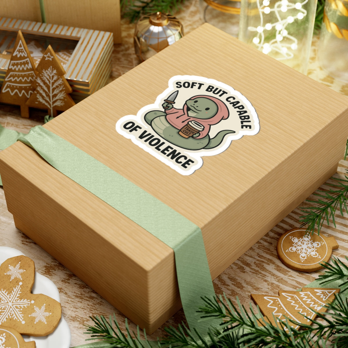 “Soft But Capable of Violence” Sticker – Cute Snake with Knife & Latte
